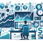 A person analyzing stock charts on a computer, surrounded by symbols of financial growth like upward graphs, dollar signs, and diverse portfolios. The background includes a stock exchange board and a cityscape, with shades of blue and green.