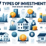 "Infographic titled '7 Types of Investments for Every Investor' featuring icons for Stocks, Bonds, Mutual Funds, Real Estate, ETFs, Commodities, and Cryptocurrencies in a clean, modern design."
