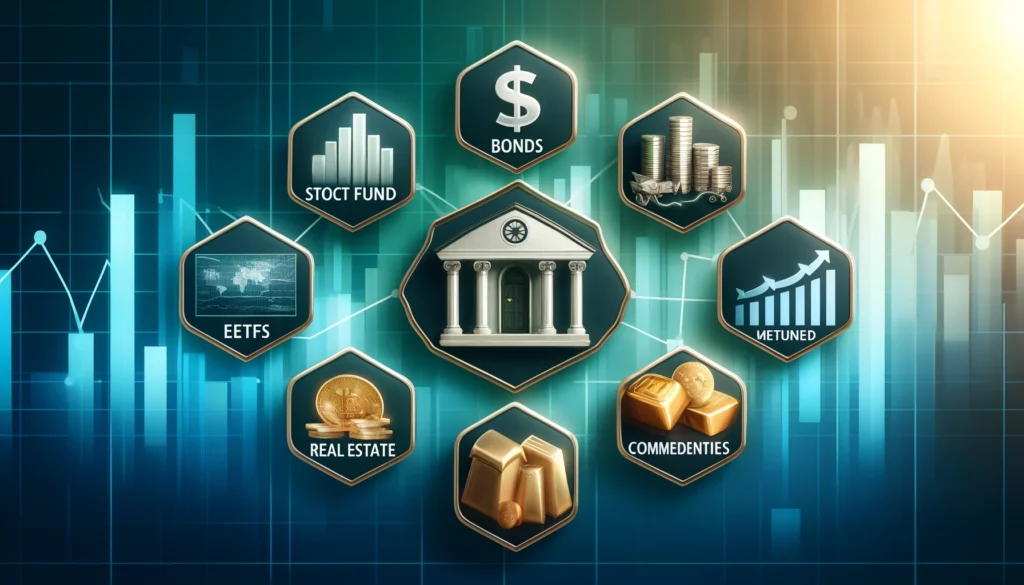 "A diverse investment portfolio layout featuring symbols for stocks, bonds, mutual funds, ETFs, real estate, commodities, and cryptocurrencies on a modern blue and green background."