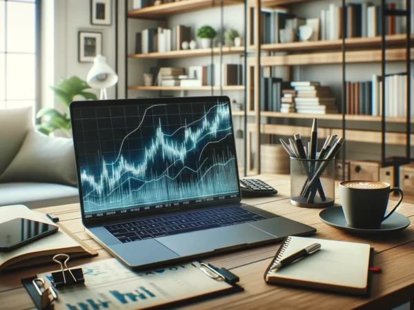Modern office workspace with a laptop displaying a stock market chart.