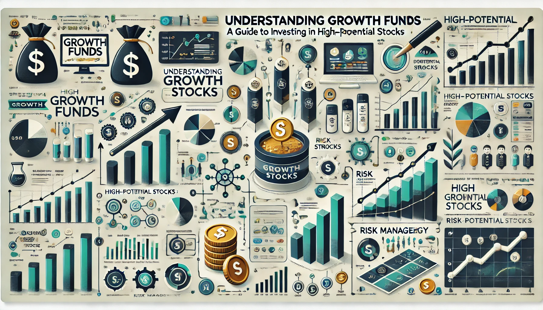 Infographic titled "Understanding Growth Funds: A Guide to Investing in High-Potential Stocks," featuring charts, graphs, and icons representing financial growth, with key terms such as "High-Potential Stocks," "Investment Strategy," and "Risk Management." The design is clean and modern with a color scheme of blue, green, and white.