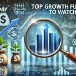 "Dynamic illustration of top growth funds to watch, featuring upward-trending charts, a magnifying glass highlighting key funds, and a background of financial graphs and stock market indicators. Includes icons of money bags, upward arrows, and investment symbols, with a modern blue and green color scheme."