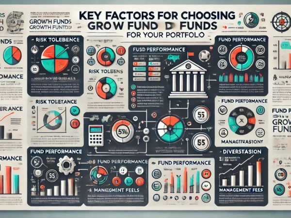 "Infographic titled 'Key Factors for Choosing the Right Growth Funds for Your Portfolio' with sections including risk tolerance, investment goals, fund performance, management fees, and diversification, alongside relevant icons and a performance chart."