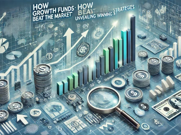 "An image titled 'How Growth Funds Beat the Market: Unveiling Winning Strategies' featuring a financial growth chart with an upward trend, stock market symbols, a magnifying glass over a stock chart, upward arrows, and stacks of coins, symbolizing successful investment strategies."