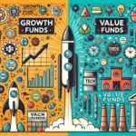 Growth Funds vs. Value Funds: A visual comparison. On the left, Growth Funds are represented by a rocket, upward-trending stock charts, and tech company logos in bright, vibrant colors. On the right, Value Funds feature old factories, stable stock charts, and traditional industry logos in muted, earthy tones. The background is split diagonally, with labels for 'Growth Funds' and 'Value Funds' on each respective side.