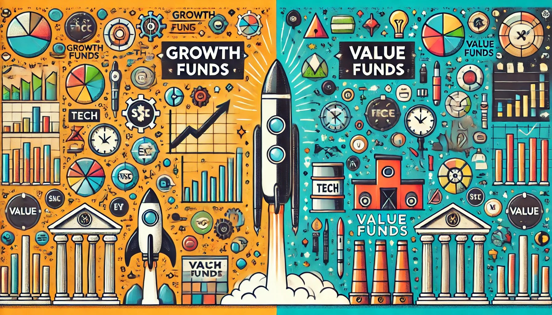 Growth Funds vs. Value Funds: A visual comparison. On the left, Growth Funds are represented by a rocket, upward-trending stock charts, and tech company logos in bright, vibrant colors. On the right, Value Funds feature old factories, stable stock charts, and traditional industry logos in muted, earthy tones. The background is split diagonally, with labels for 'Growth Funds' and 'Value Funds' on each respective side.