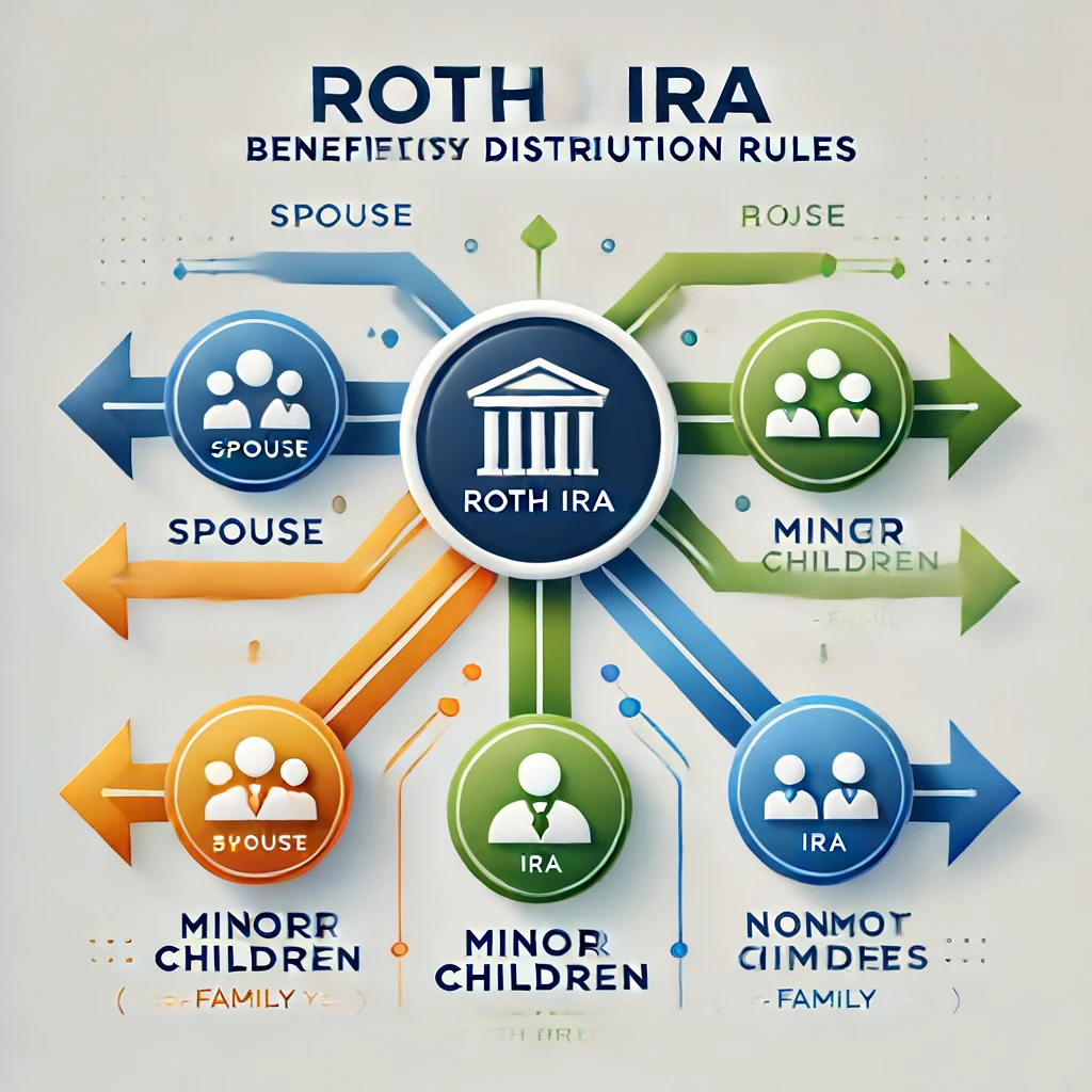 Sleek graphic representing Roth IRA beneficiary distribution rules with a central Roth IRA icon, arrows pointing to beneficiaries like a spouse, minor children, and non-family members, with labeled options and timelines.