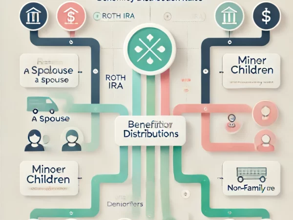 Modern infographic illustrating Roth IRA beneficiary distribution rules with a central Roth IRA icon and colored pathways to different beneficiaries, including a spouse, minor children, and non-family members.