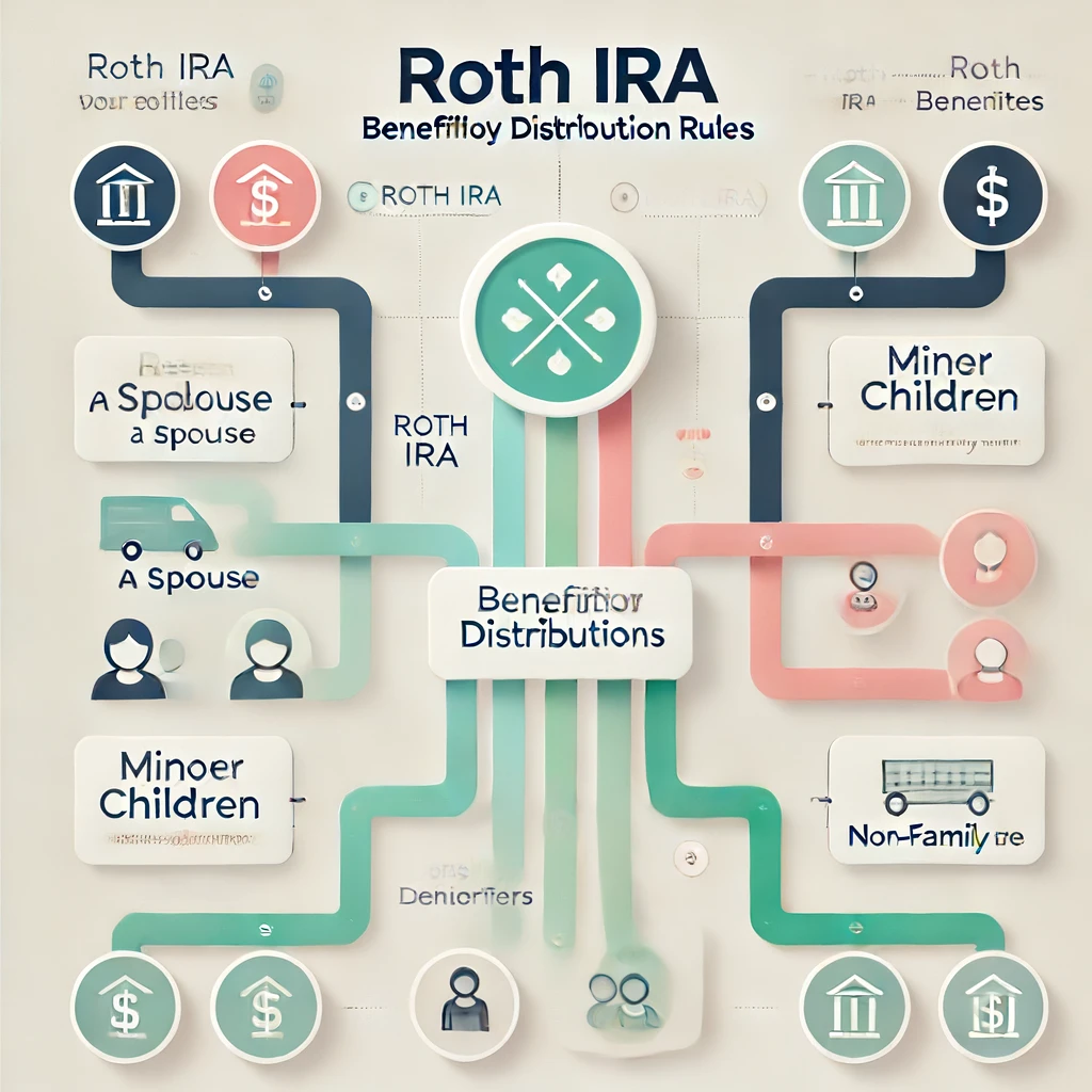 Modern infographic illustrating Roth IRA beneficiary distribution rules with a central Roth IRA icon and colored pathways to different beneficiaries, including a spouse, minor children, and non-family members.