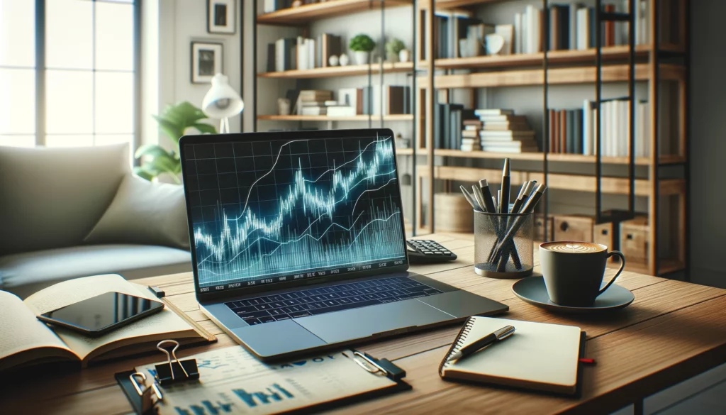 Modern office workspace with a laptop displaying a stock market chart.