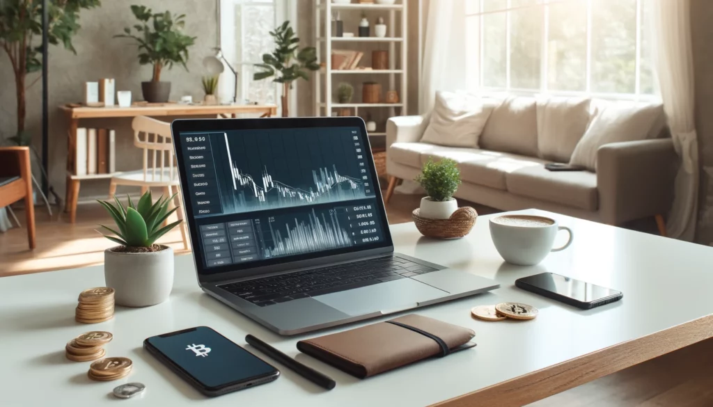 Home office setup with a laptop showing cryptocurrency values.